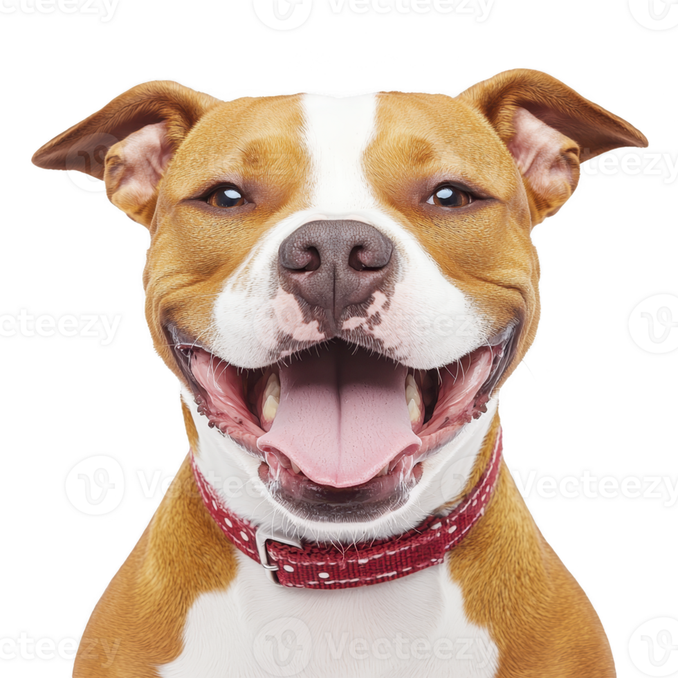 happy brown and white dog with red collar is smiling widely, showcasing its playful and friendly nature. dog ears are perked up, adding to its cheerful expression png