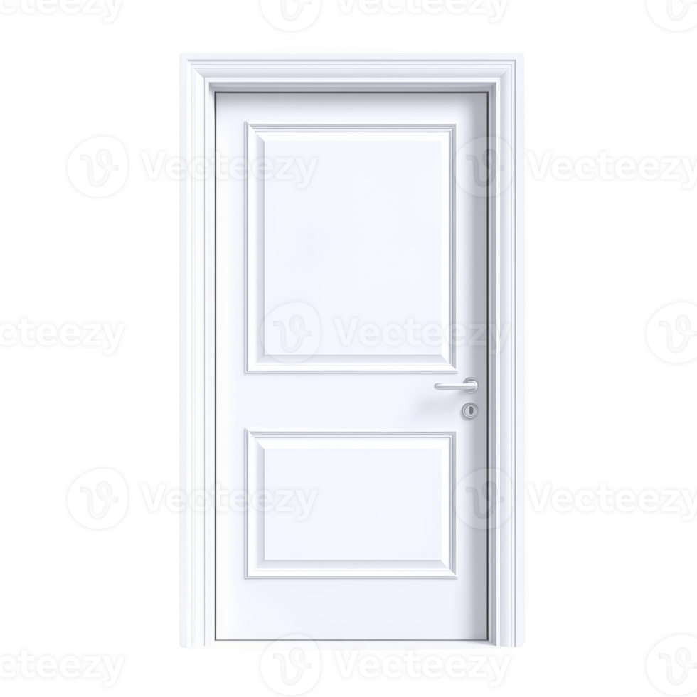 white wooden door with classic panel design and silver handle, standing closed against plain background, exudes simplicity and elegance png