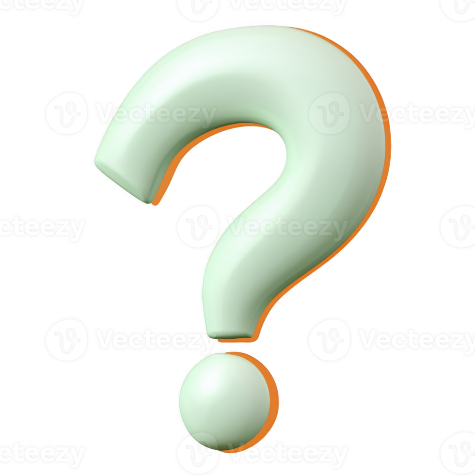 3D rendered mint green question mark with orange shadow stands out against transparency background, symbolizing inquiry and curiosity png