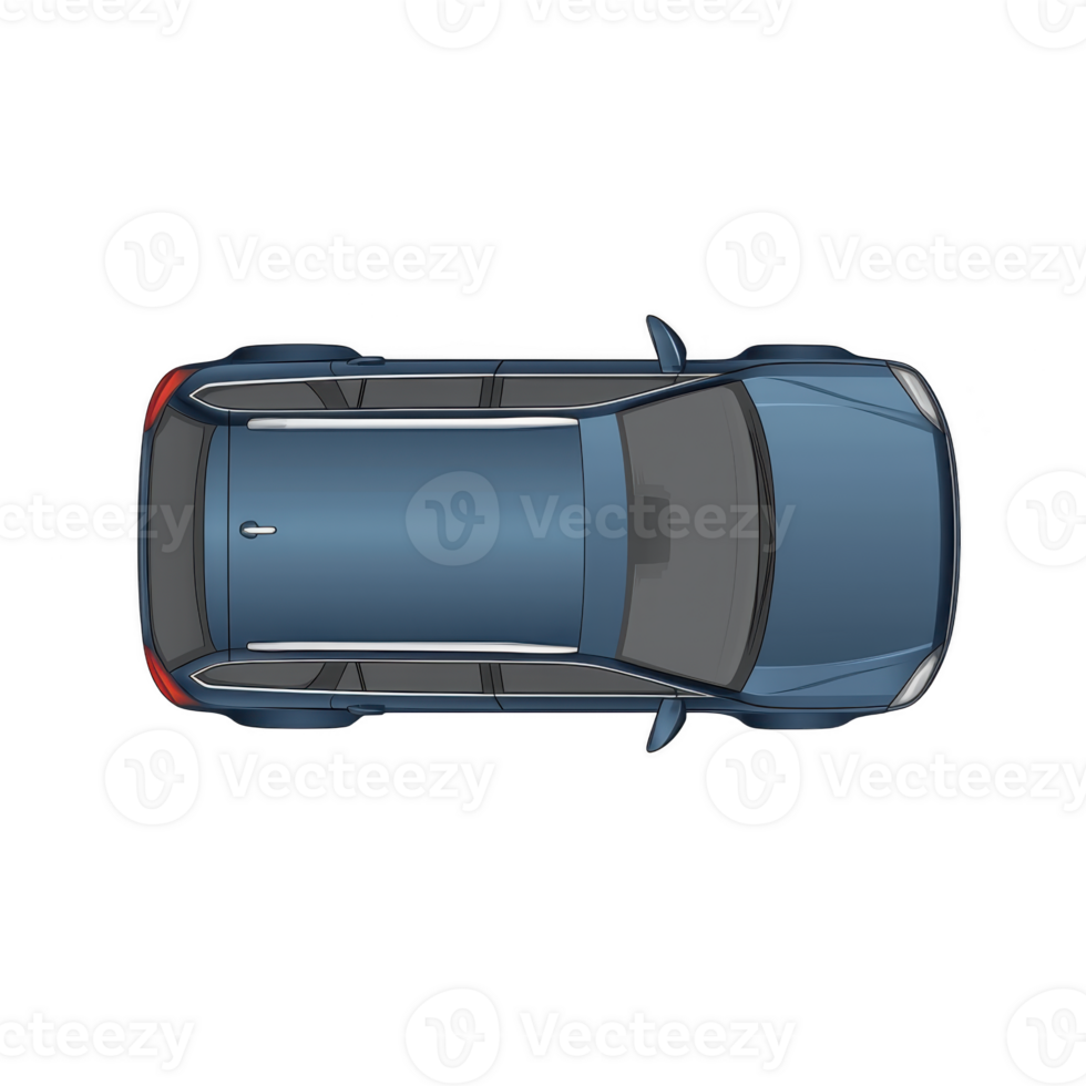 top view of sleek blue car with modern design, featuring sunroof and silver roof rails, is shown. car aerodynamic shape and stylish appearance convey sense of speed and elegance png