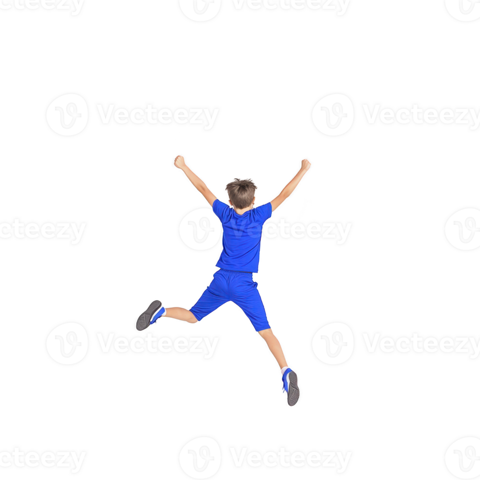 young boy in blue sports outfit is joyfully jumping with arms raised, expressing excitement and energy. background is transparent, highlighting his dynamic pose png