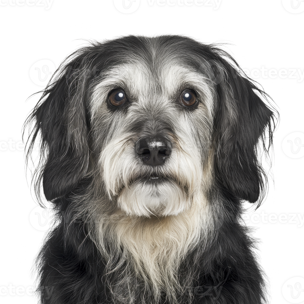 fluffy black and white dog with soulful eyes and shaggy coat looks directly at camera, exuding calm and gentle demeanor. background is plain, highlighting dog expressive face png