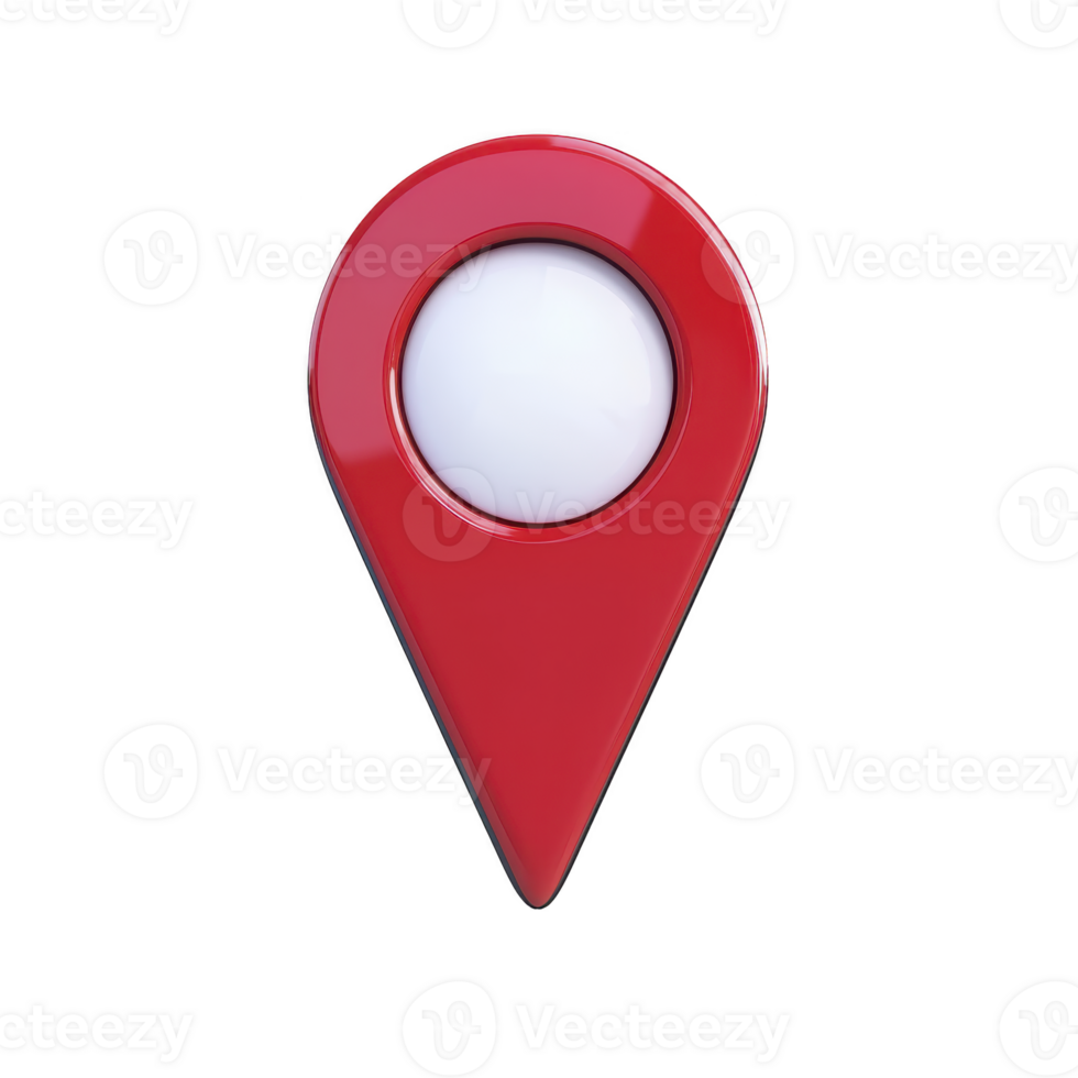 3D red map pin icon with glossy finish and white circular center, symbolizing location or navigation. design is simple and modern, often used in digital maps and applications png