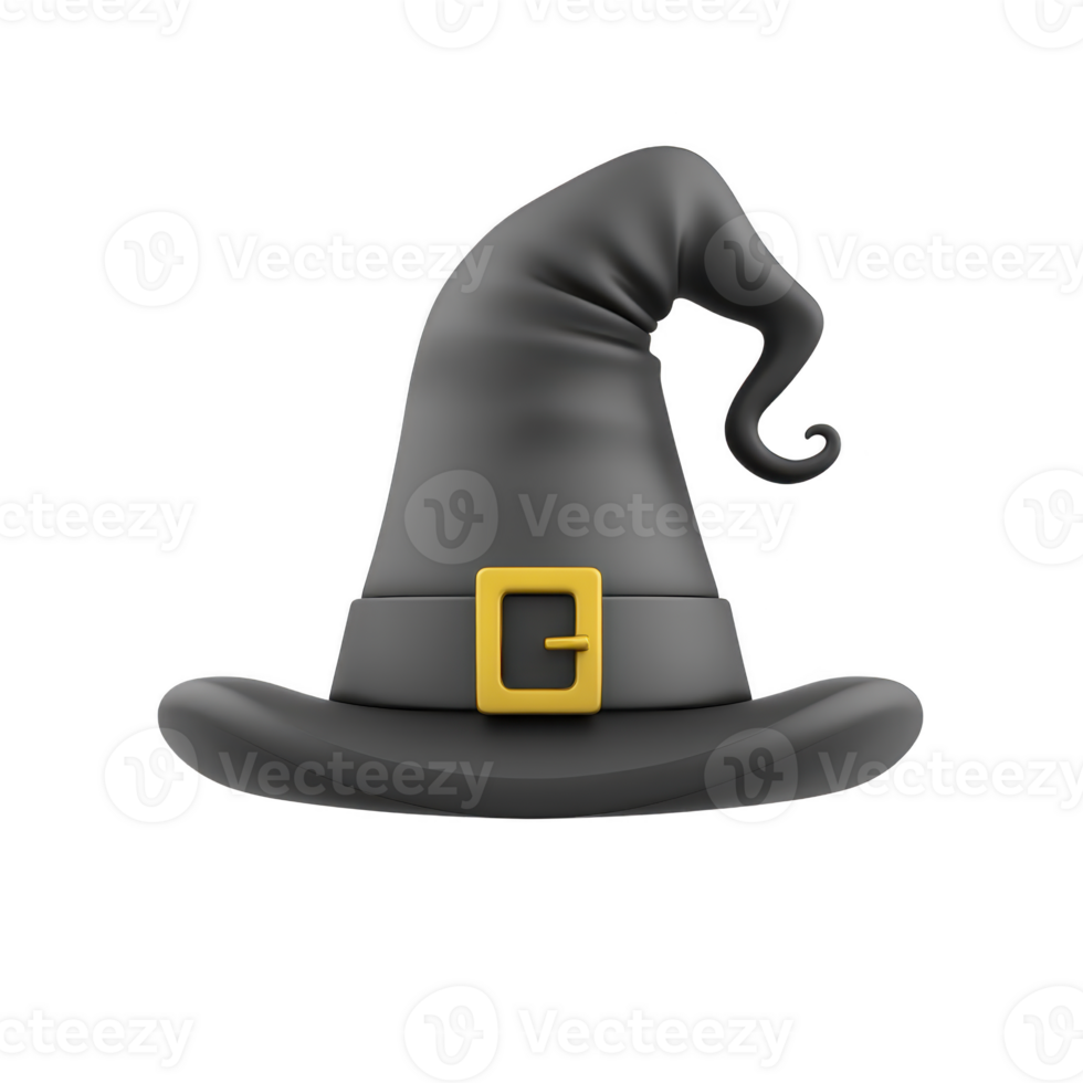 black witch hat with curled tip and yellow buckle on band, perfect for Halloween or costume parties, evokes sense of mystery and magic png