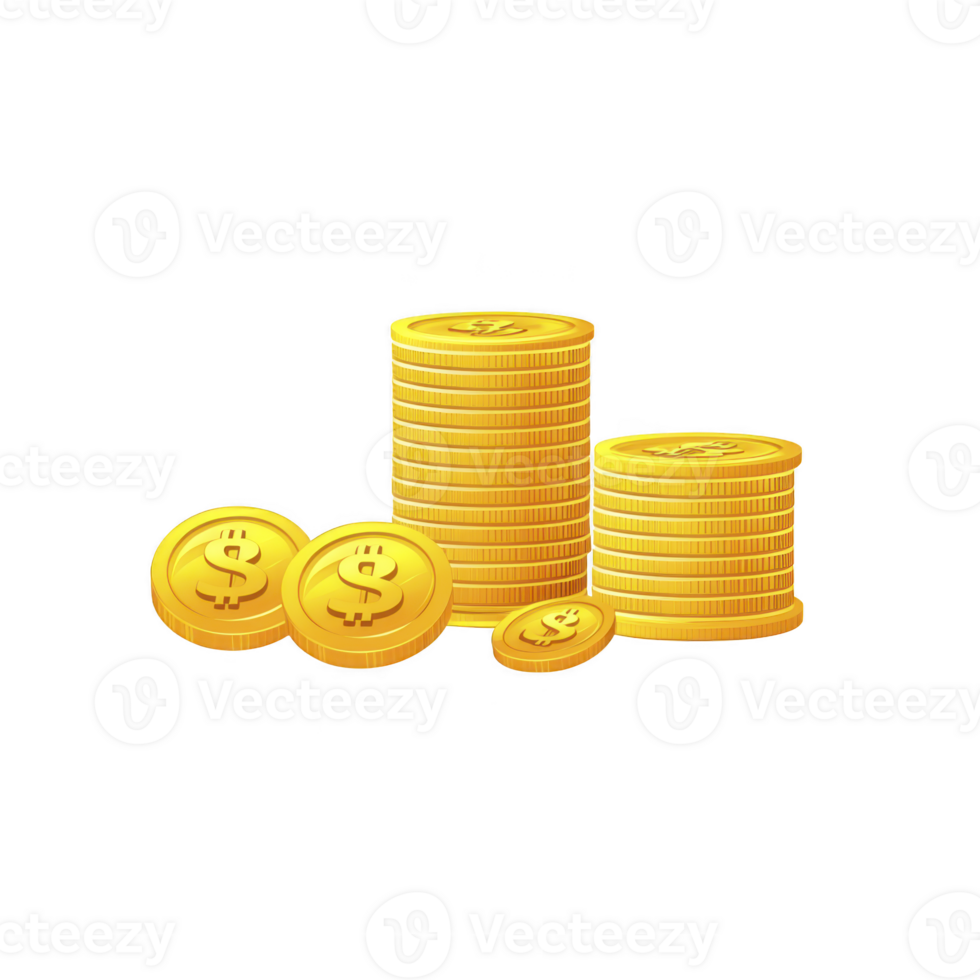 Golden coins stacked and scattered, symbolizing wealth and prosperity. shiny currency is depicted in digital illustration, emphasizing financial success and economic growth png