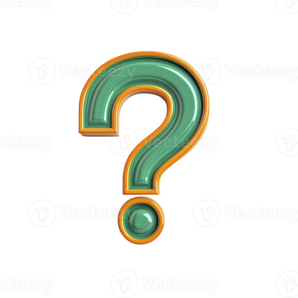 shiny, three dimensional green question mark with orange outline stands out against plain background, symbolizing curiosity and inquiry png