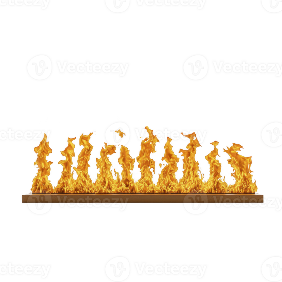 row of vibrant orange flames dances energetically on flat surface, creating striking visual of fire. flames are isolated against transparent background, emphasizing their dynamic movement png