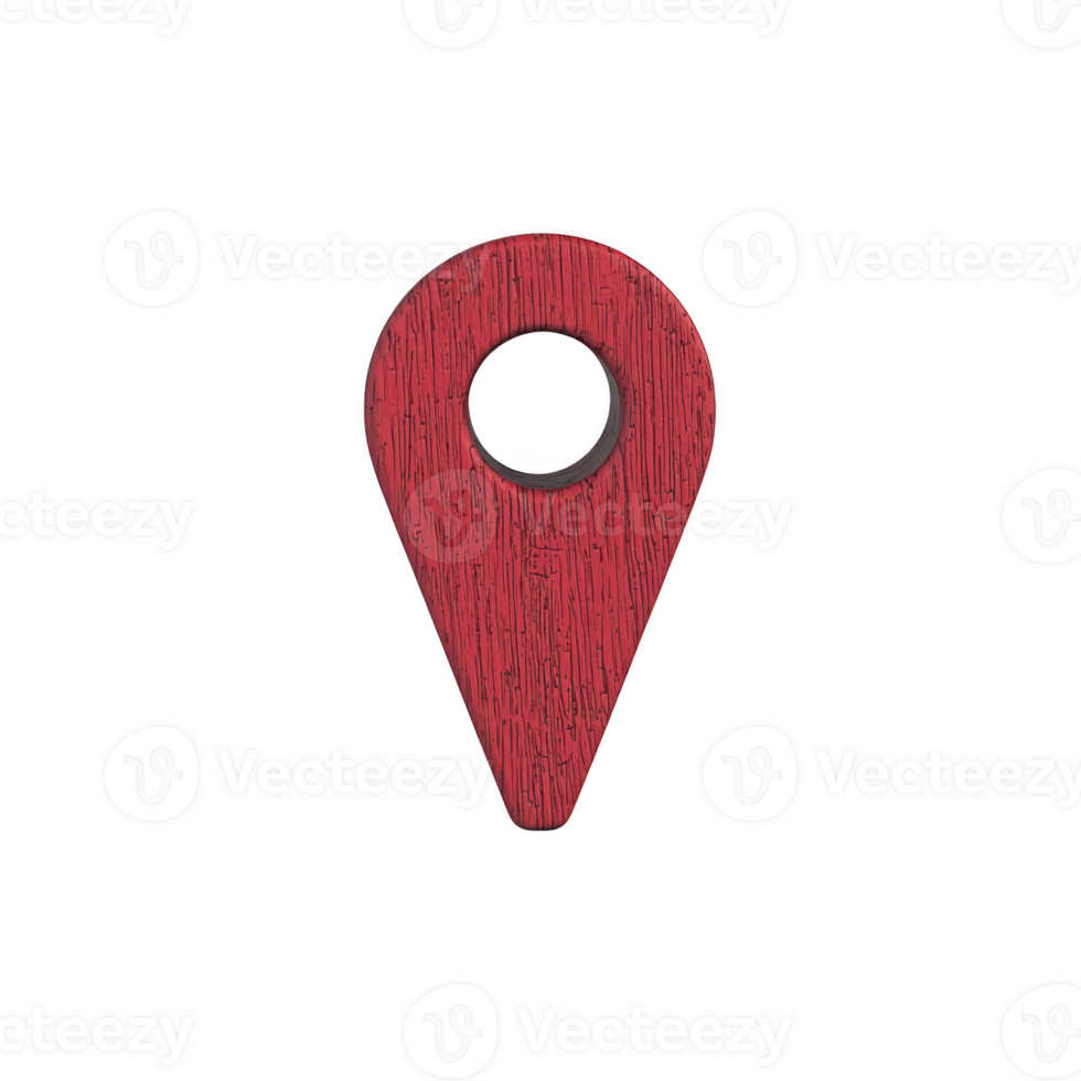 red wooden location pin with textured surface, symbolizing navigation and direction. pin has circular hole in center, adding unique design element png