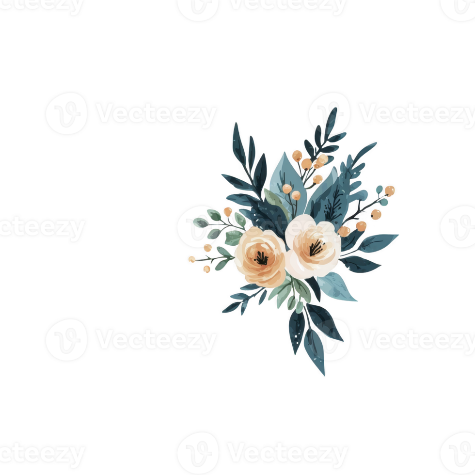 delicate floral arrangement featuring soft peach roses, green leaves, and small yellow buds, creating elegant and serene design. Perfect for invitations or decor png