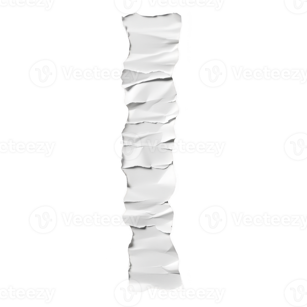 long, crumpled strip of white paper with textured surface, resembling torn piece of paper. paper appears to be vertically oriented, showcasing its rough edges and creases png