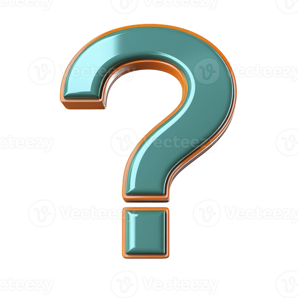 shiny, three dimensional teal question mark with orange outline stands against transparency background, symbolizing curiosity and inquiry png