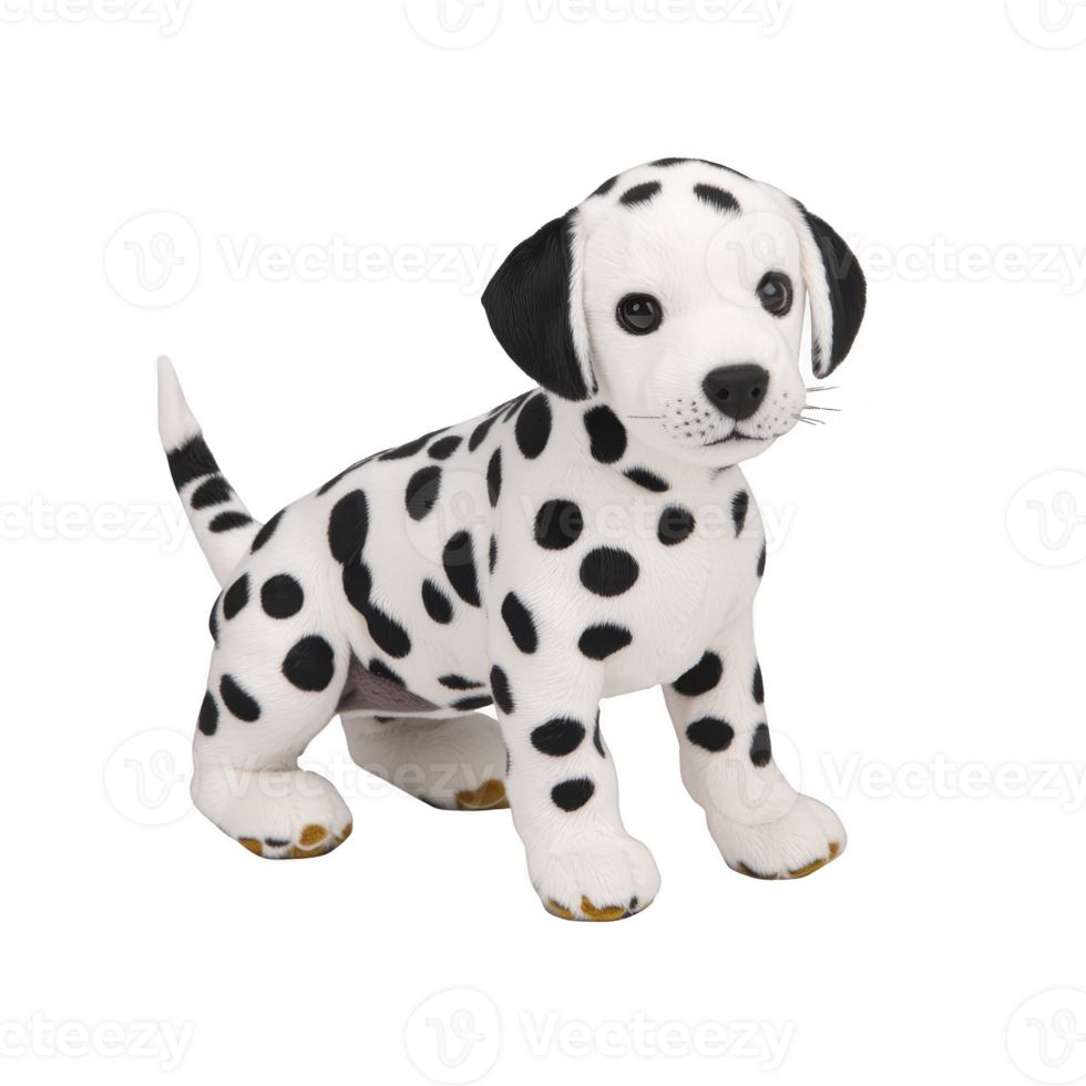cute Dalmatian puppy figurine with black spots and playful expression sits on transparency background, showcasing its charming and realistic design png