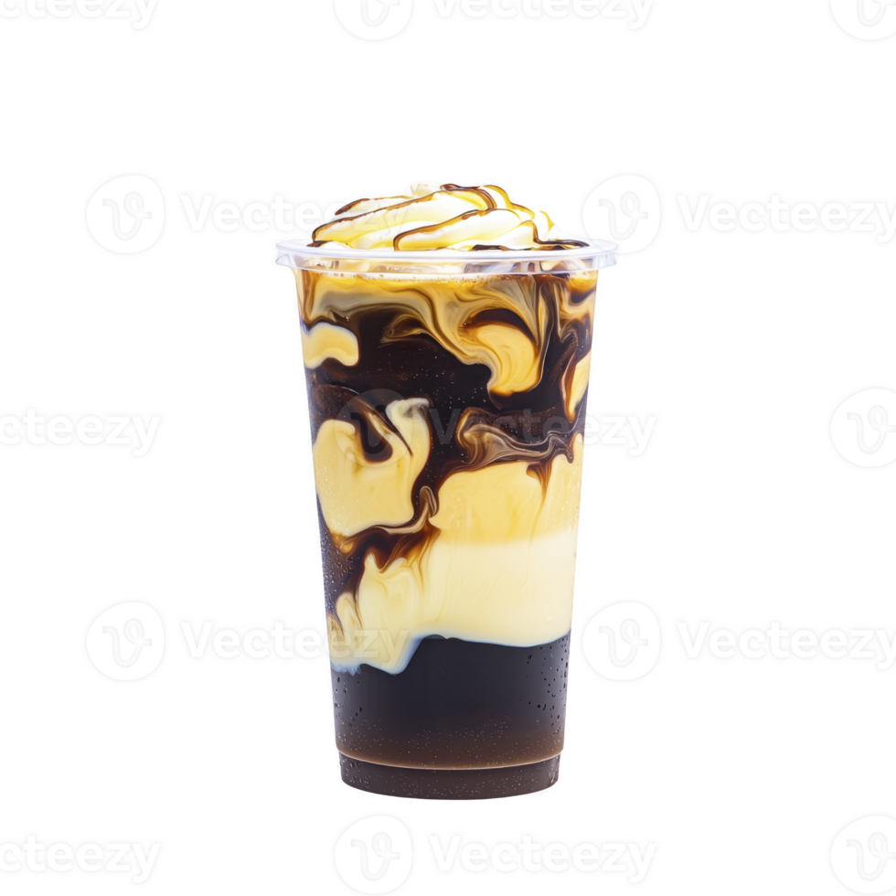 delicious iced coffee drink swirled with creamy milk and topped with whipped cream and chocolate syrup in clear plastic cup. rich layers create visually appealing treat png
