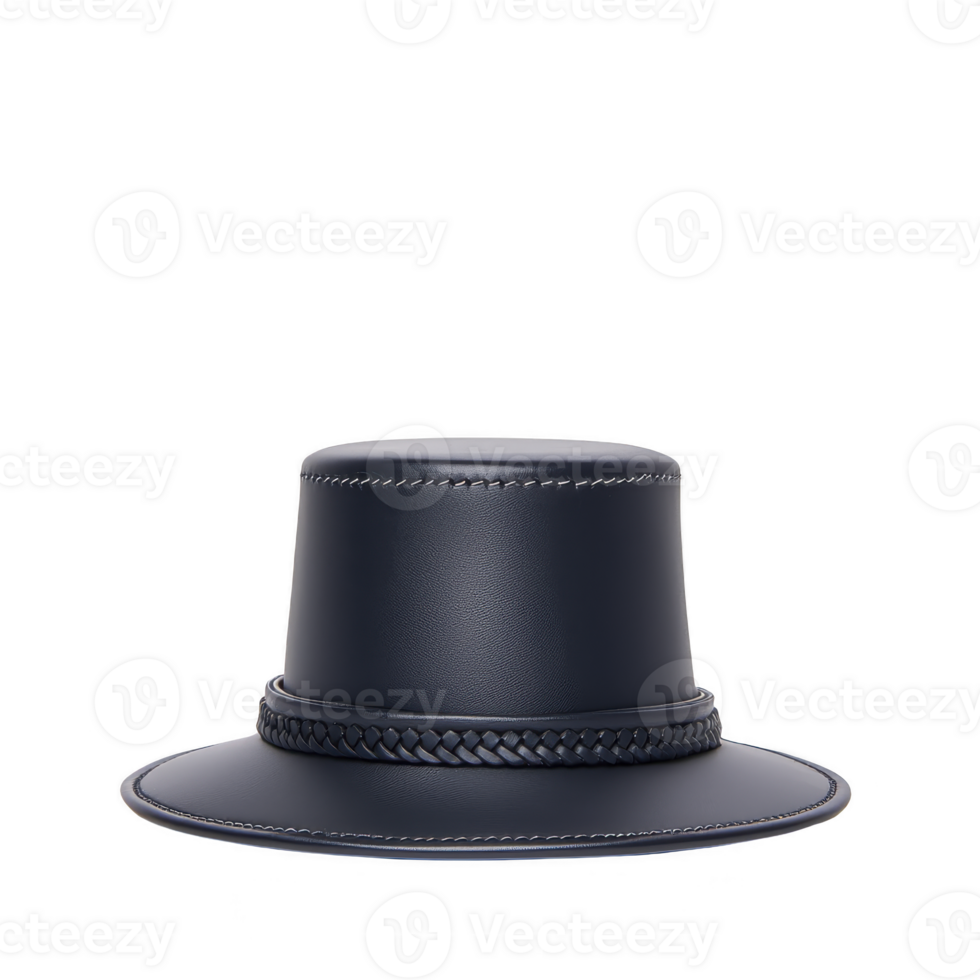 sleek, dark blue leather top hat with intricate stitching and braided band, showcasing elegance and style. hat smooth texture and classic design make it standout accessory png