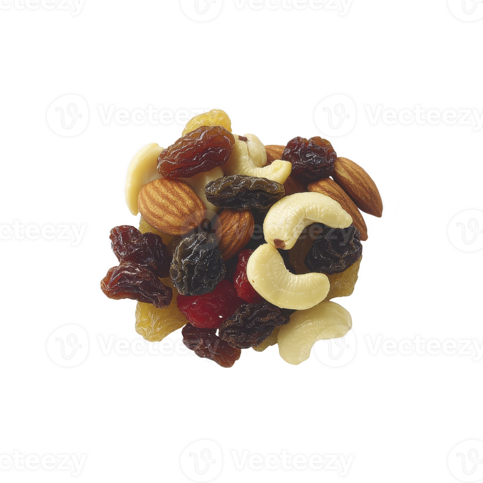 mix of dried fruits and nuts including almonds, cashews, raisins, and dried cherries is displayed against transparency background, showcasing healthy and nutritious snack option png