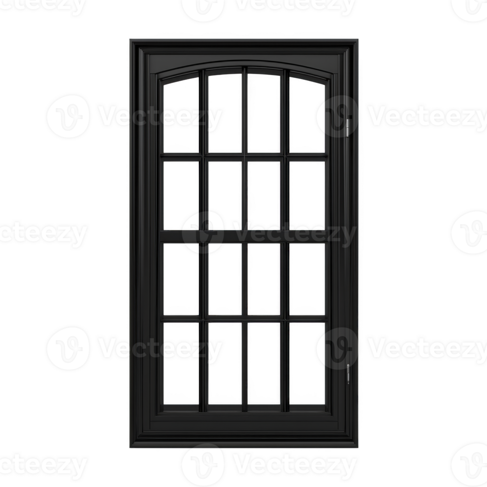 black arched window frame with multiple glass panes creates classic and elegant look, perfect for traditional or modern architecture. design adds sophistication and charm png