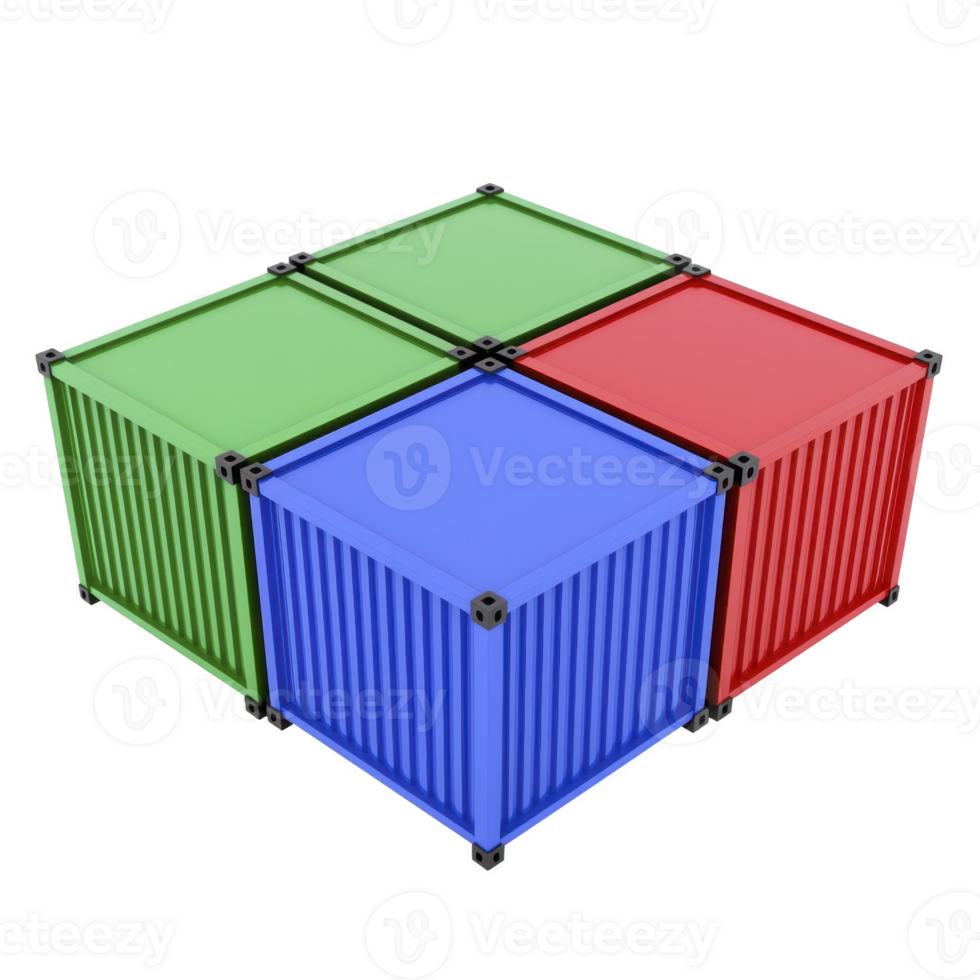 Four colorful shipping containers, arranged in square, showcase vibrant red, green, and blue hues, symbolizing logistics and global trade. containers arrangement creates visually striking pattern png