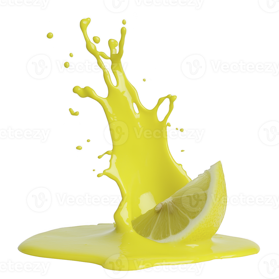 vibrant splash of yellow liquid erupts around fresh lemon slice, creating dynamic and refreshing scene. bright colors and motion convey energy and zest png