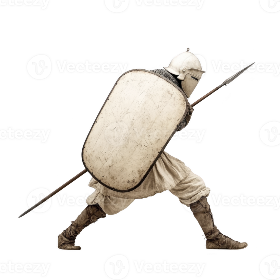 medieval warrior in dynamic pose, wearing helmet and armor, holds spear and shield, ready for battle. scene evokes sense of historical combat and bravery png