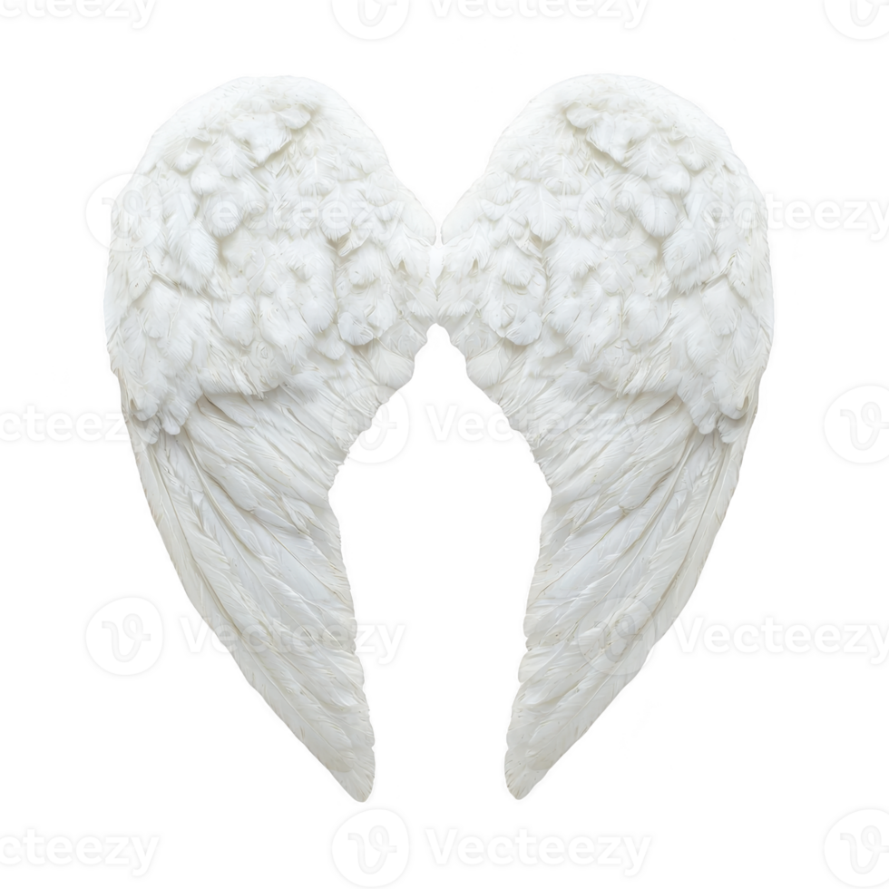 pair of large, white angel wings with detailed feathers, symbolizing purity and grace, isolated on transparency background. wings are symmetrical and evoke sense of serenity and spirituality png