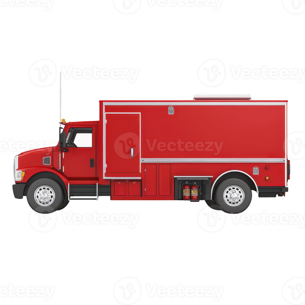 red fire truck with large storage compartment and emergency equipment is shown in side view. vehicle is designed for firefighting and rescue operations, featuring robust build and essential tools png