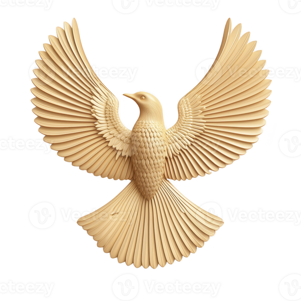 beautifully detailed wooden bird sculpture with outstretched wings, showcasing intricate feather patterns and natural finish. craftsmanship highlights elegance and grace of avian forms png
