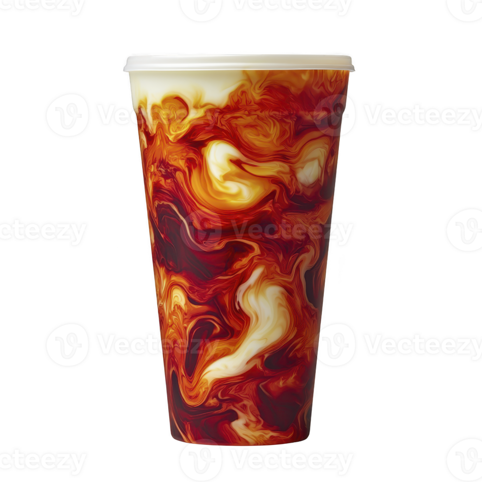 vibrant, swirling pattern of red, orange, and white adorns tall, reusable cup, creating dynamic and eye catching design. cup artistic appearance is both modern and stylish png