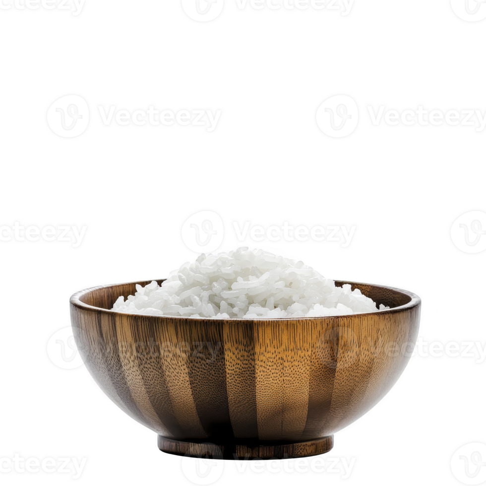 wooden bowl filled with fluffy white rice, showcasing simple and elegant presentation. natural texture of bowl contrasts with soft grains, creating harmonious visual appeal png