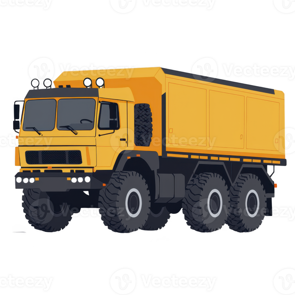 large yellow off road truck with six wheels is depicted, featuring robust design suitable for rugged terrains. vehicle has spacious cargo area and is equipped with heavy duty tires png