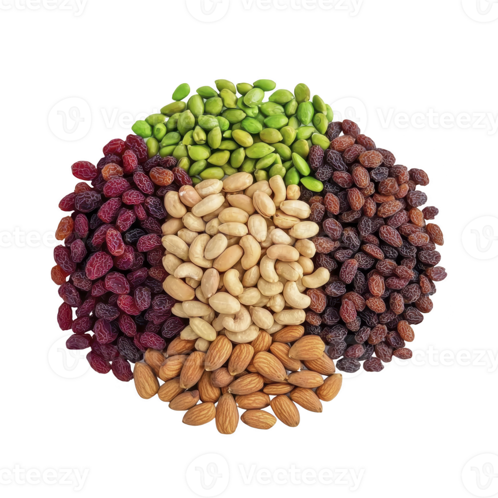 colorful assortment of nuts and dried fruits arranged in circular pattern, featuring almonds, cashews, raisins, and green pistachios. vibrant display highlights variety and texture png