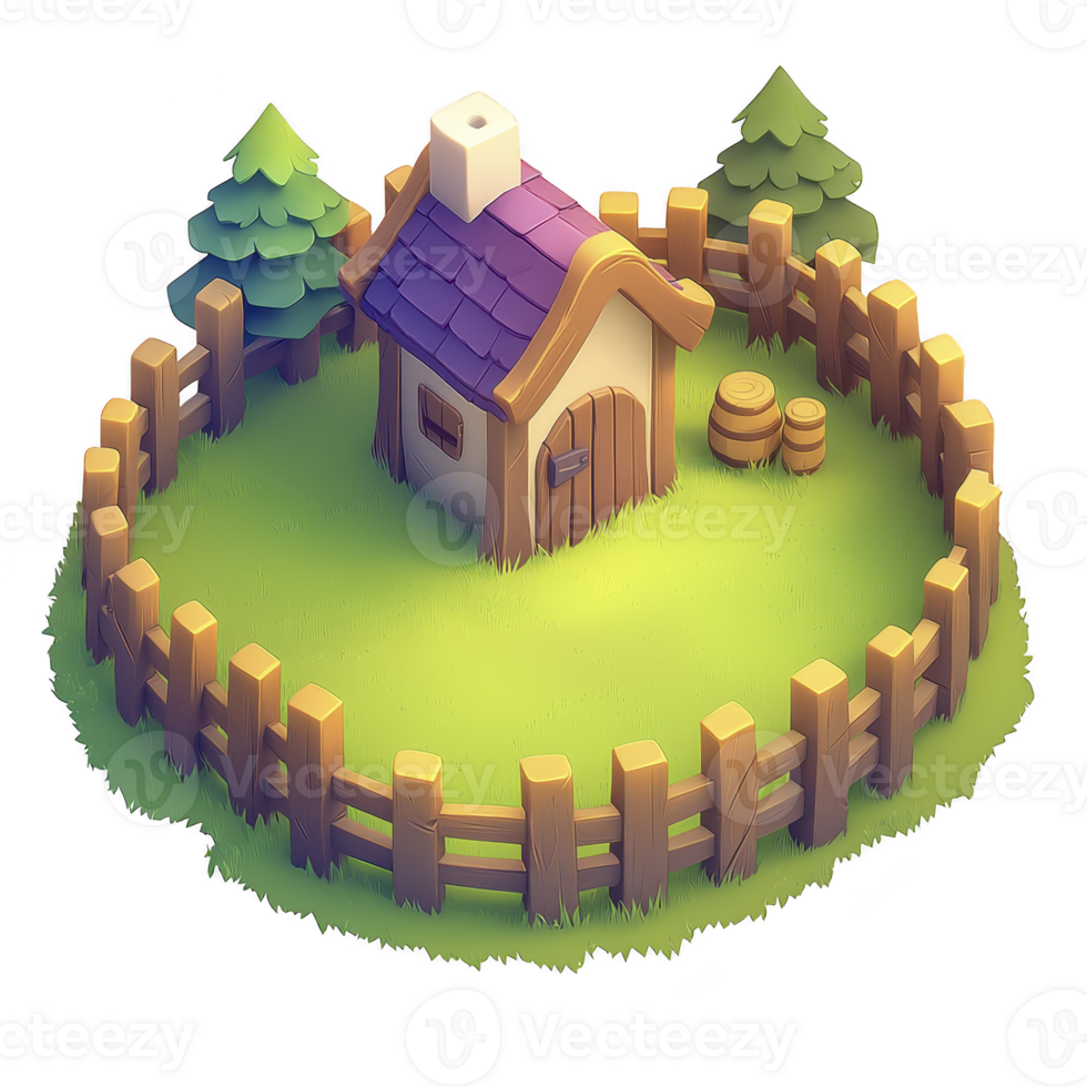 charming, small cottage with purple roof is surrounded by wooden fence and lush greenery, including two trees and barrels, creating cozy, inviting atmosphere png