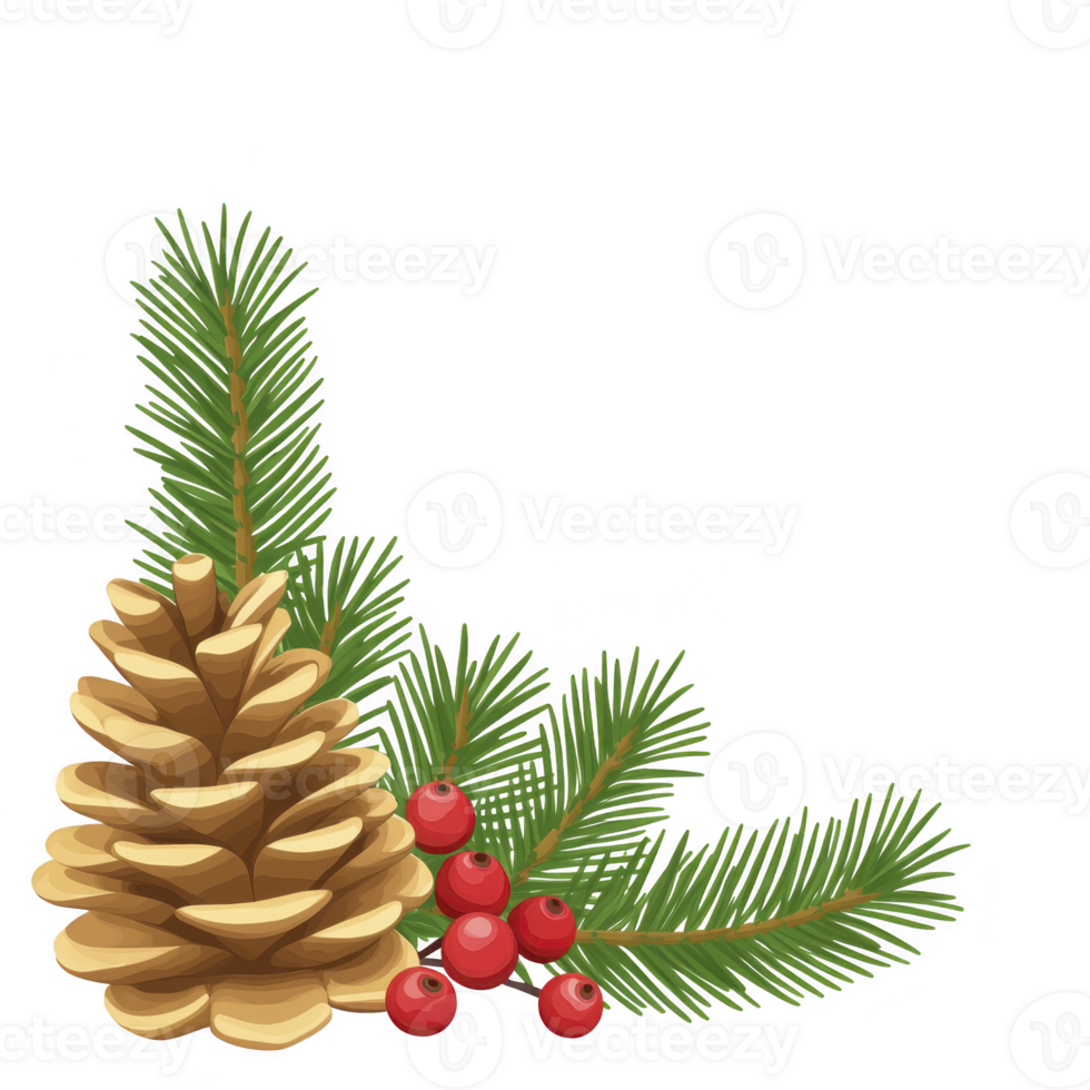 pine cone and evergreen branches with red berries create festive, natural arrangement. composition evokes sense of holiday cheer and winter beauty png