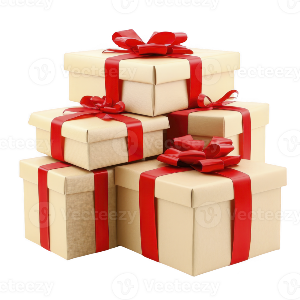 stack of beige gift boxes with vibrant red ribbons creates festive and elegant display, perfect for celebrations and special occasions png