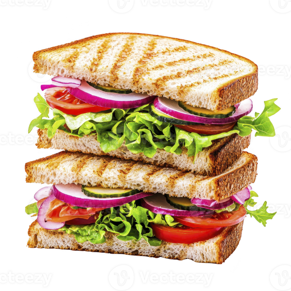 delicious grilled sandwich with layers of fresh lettuce, tomato, cucumber, and red onion between slices of toasted bread. Perfect for healthy and satisfying meal png