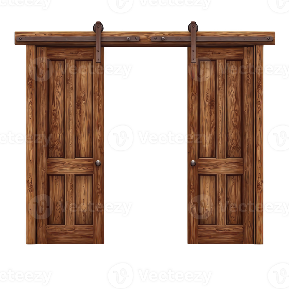 rustic wooden sliding barn door with natural finish and metal hardware, perfect for adding touch of farmhouse charm to any interior space png
