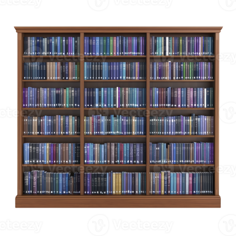 large wooden bookshelf filled with variety of colorful books, neatly organized and creating vibrant display. bookshelf exudes sense of knowledge and curiosity, inviting exploration png