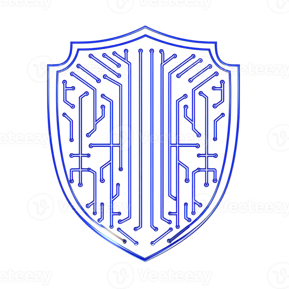 This features blue shield with circuit board design, symbolizing digital security and technology protection. intricate pattern suggests focus on cybersecurity and innovation png