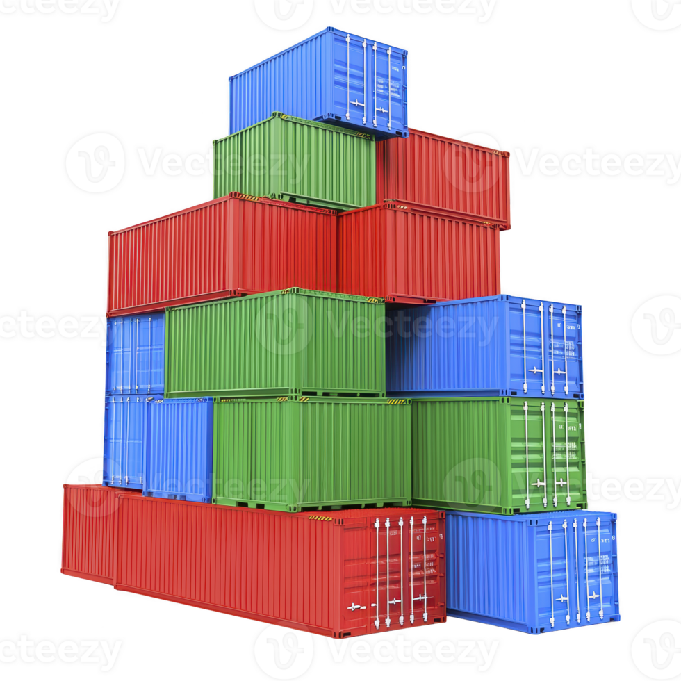 stack of colorful shipping containers, including red, blue, and green, arranged in pyramid shape, isolated on transparency background png