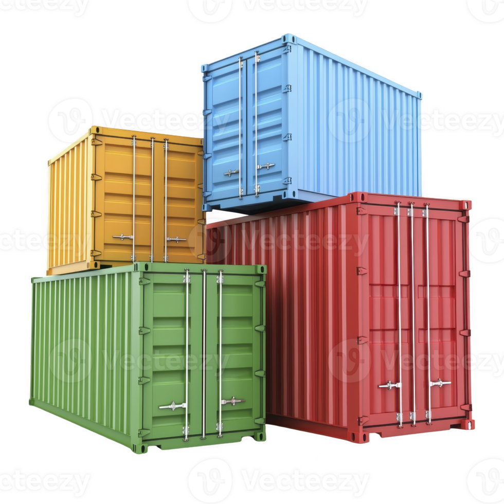 Colorful shipping containers stacked in balanced arrangement, featuring blue, red, green, and yellow units. These containers are commonly used for transporting goods across various distances png