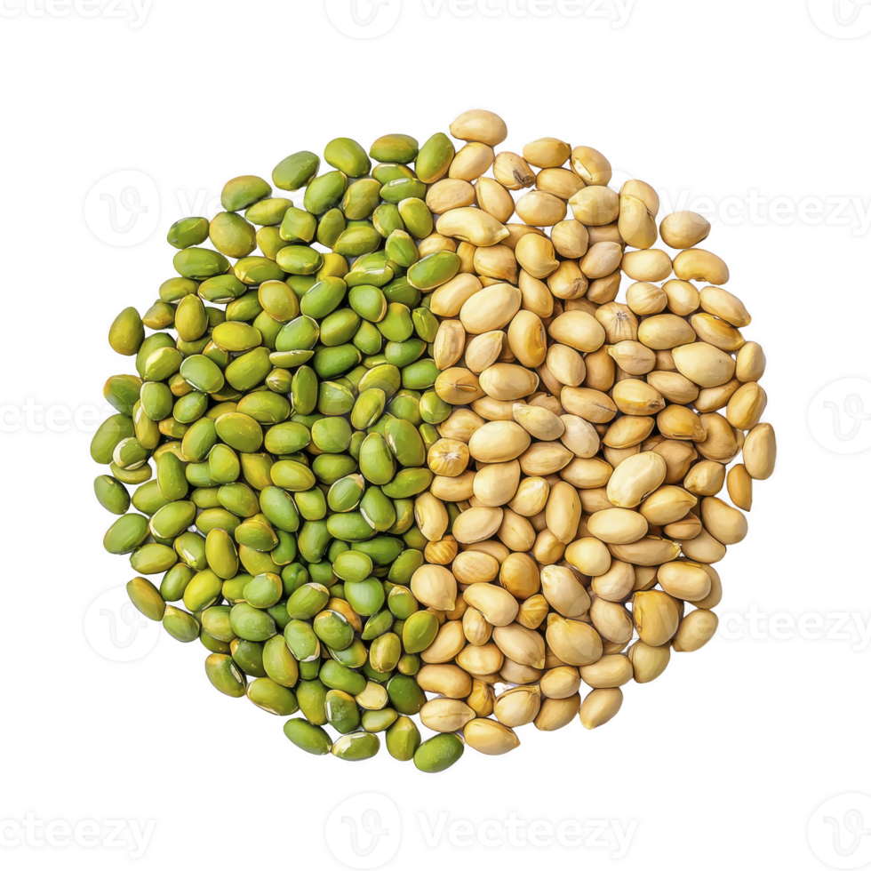 circular arrangement of green and beige seeds creates visually appealing contrast, symbolizing balance and harmony. seeds are neatly divided, showcasing their distinct colors and textures png
