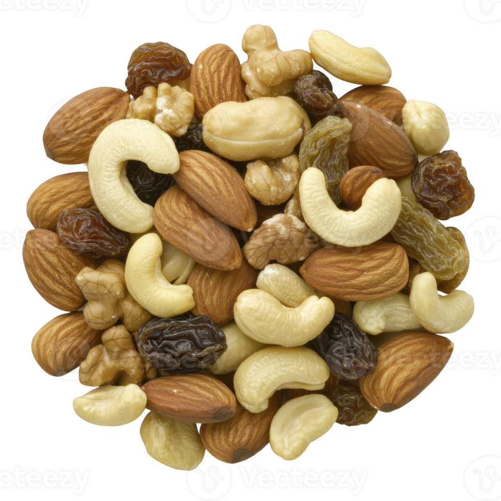 mix of almonds, cashews, walnuts, and raisins creates healthy and nutritious snack option. combination of nuts and dried fruits offers variety of textures and flavors png
