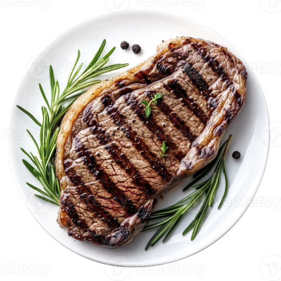 Grilled ribeye steak on white plate garnished with fresh rosemary and peppercorns, showcasing juicy, perfectly seared meat with grill marks png