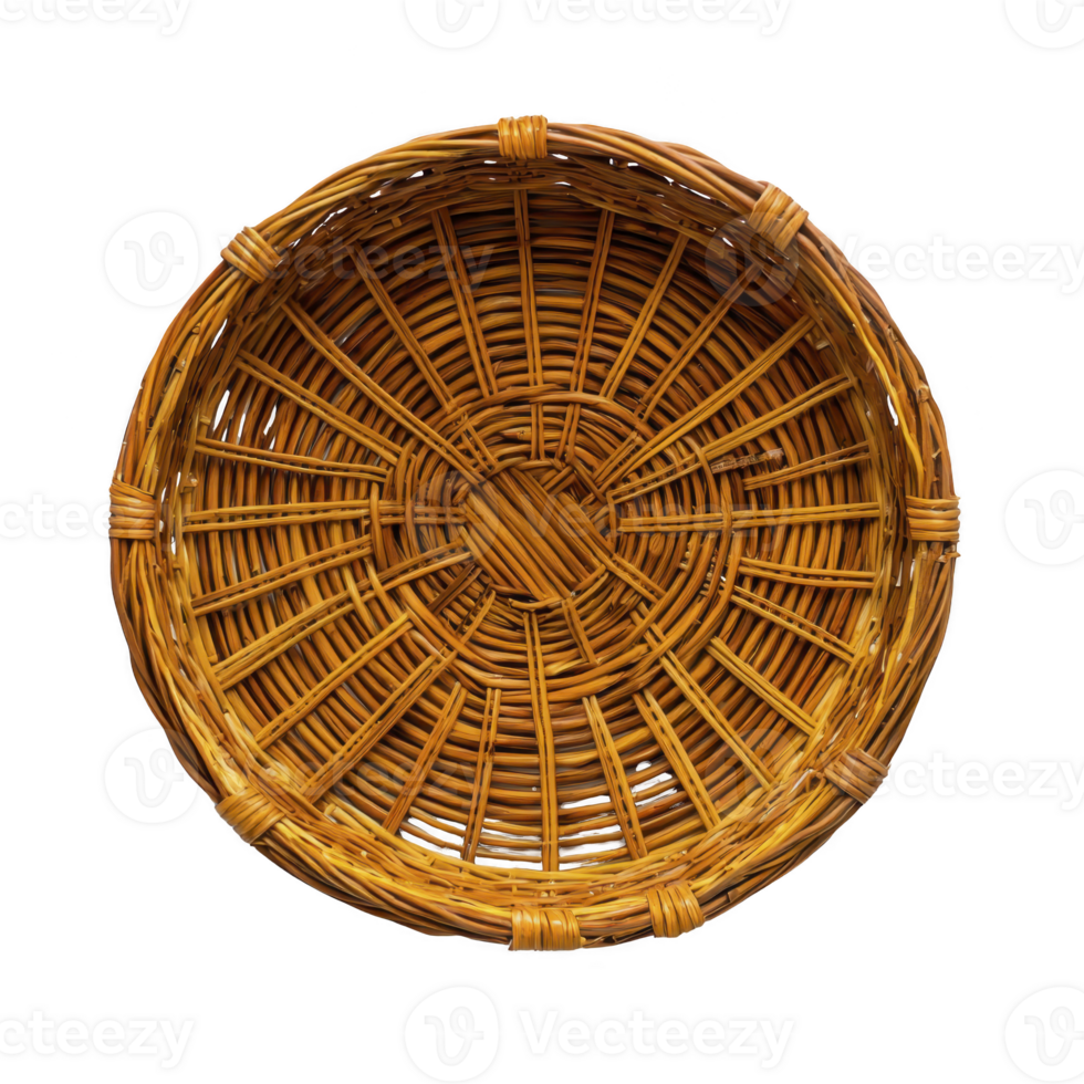 round wicker basket with natural woven pattern, perfect for rustic home decor or storage. basket earthy tones and intricate design add touch of warmth and charm png
