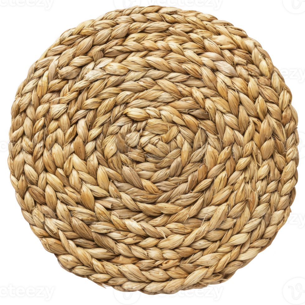 round woven placemat made of natural straw material, showcasing intricate braided patterns, perfect for adding rustic touch to dining settings png