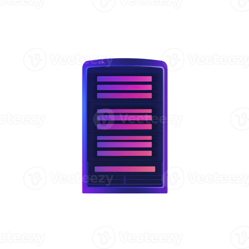 vibrant, futuristic illustration of server rack with glowing neon colors, showcasing digital and technological theme. design features gradient of purple and pink hues, creating modern and sleek png