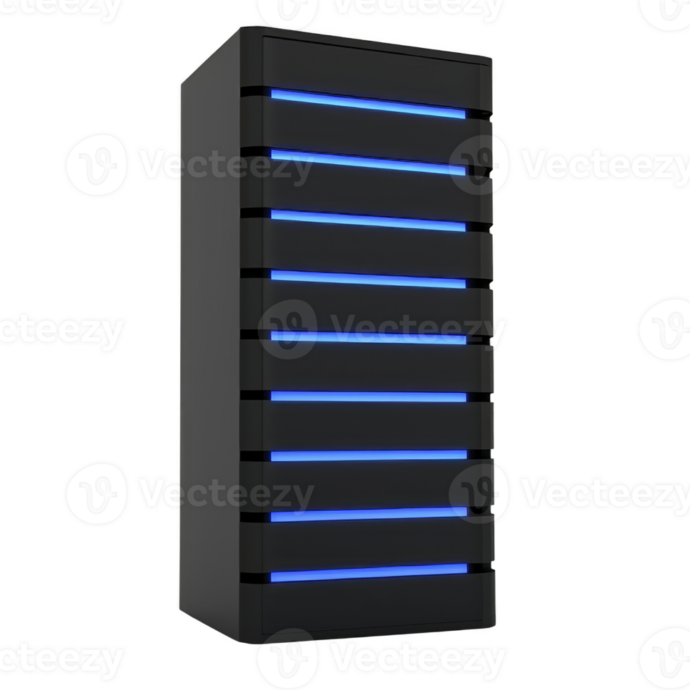 sleek black server tower with glowing blue lights, representing modern technology and data storage solutions. design is minimalist and futuristic, ideal for tech related themes png