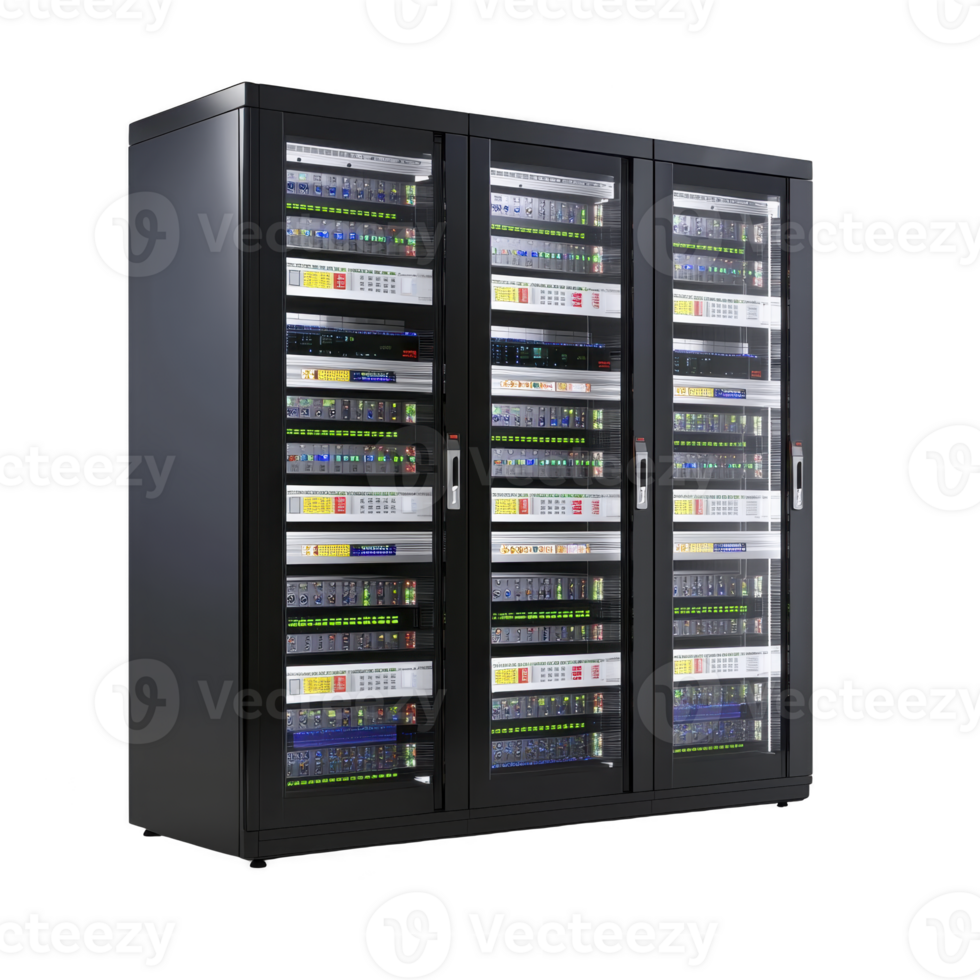 sleek, modern server rack filled with various network equipment and blinking lights, showcasing advanced technology in data center environment png