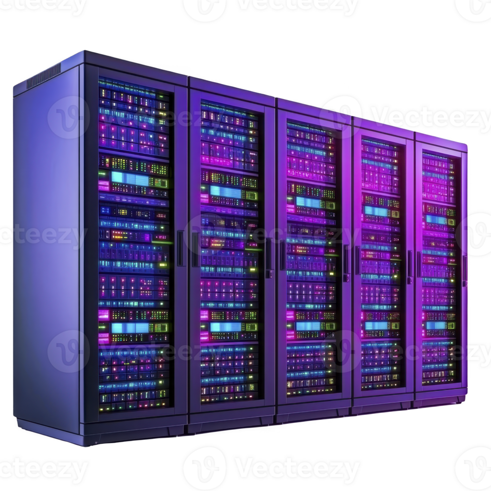 row of illuminated server racks with vibrant purple and blue lights showcases advanced technology in data center environment. sleek design emphasizes modern computing power png