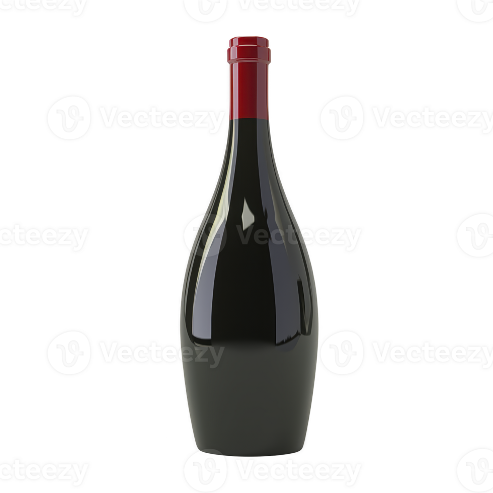 sleek, dark glass wine bottle with red cap stands against plain background, reflecting light subtly. elegant design suggests sophistication and quality png