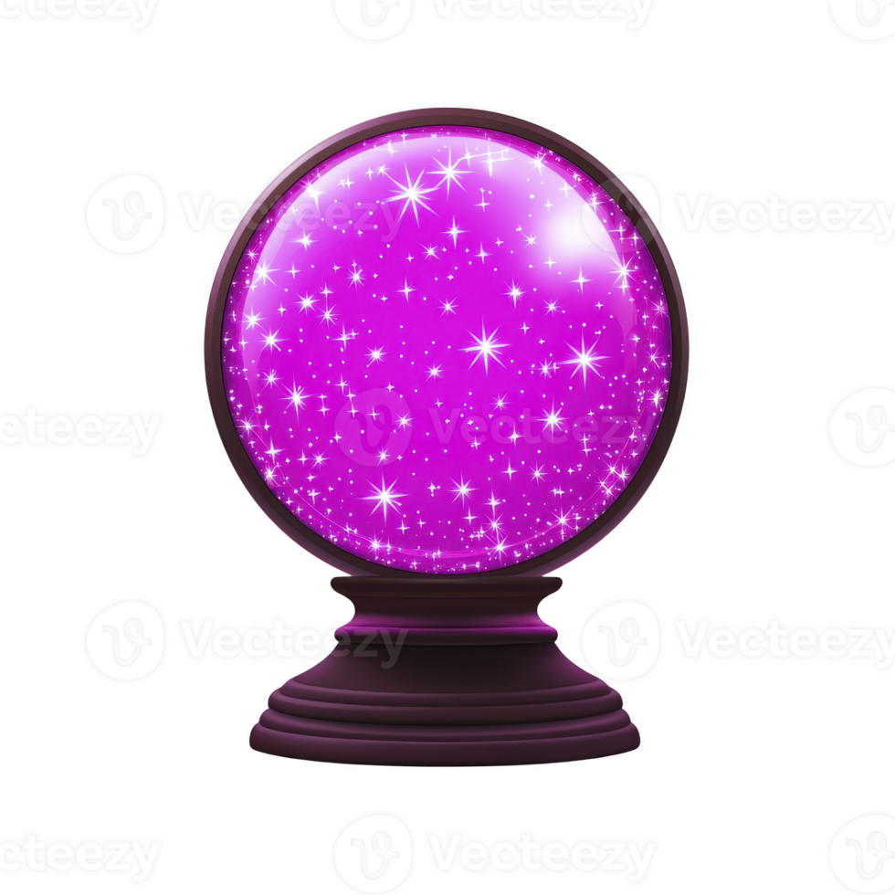 sparkling pink crystal ball with wooden base, filled with twinkling stars, evokes sense of mystery and magic. Perfect for fortune telling or mystical decor png